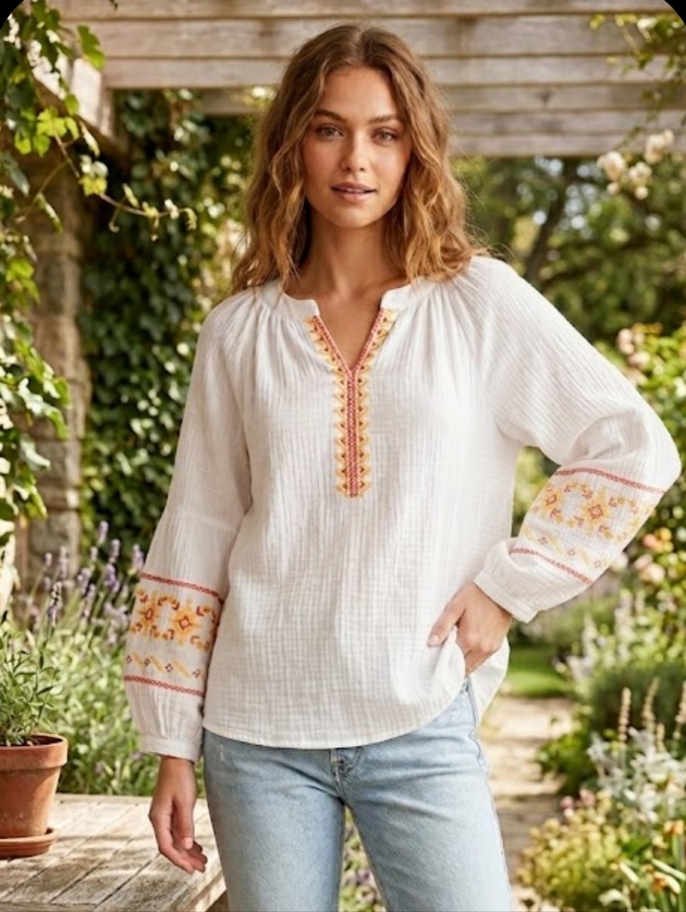 Grace + Karma Gauzy White Cotton Embroidered Blouse Size Large